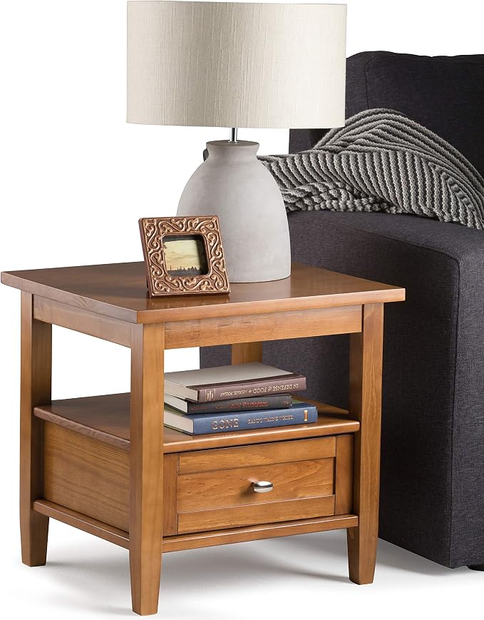 SIMPLIHOME Warm Shaker Solid Wood 48 inch Home Office Desk and 20 inch Rectangle End Side Table in Light Golden Brown