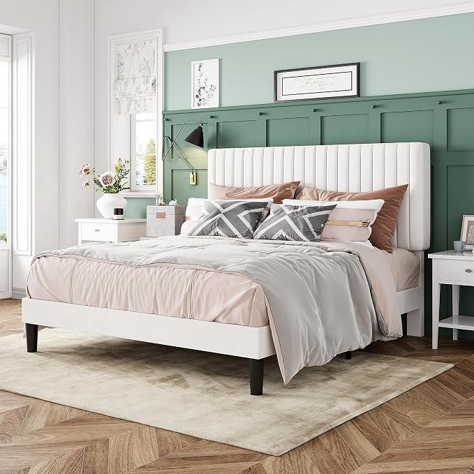 Allewie Full Bed Frame, Velvet Upholstered Platform Bed with Adjustable Vertical Channel Tufted Headboard, Mattress Foundation with Strong Wooden Slats, Box Spring Optional, Easy Assembly, Off-White