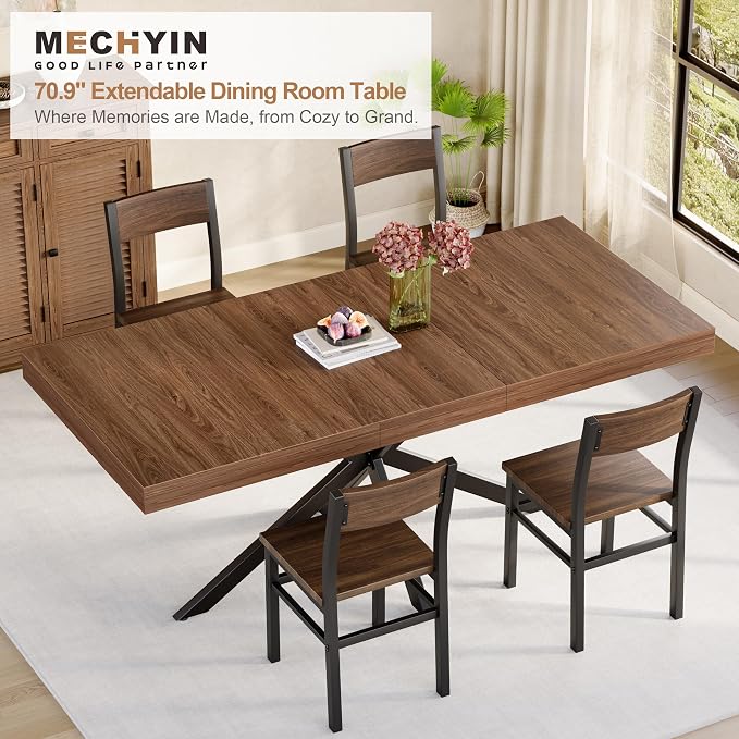 MECHYIN Extendable Dining Room Table for 4-6-8, 55''-70.9'' Wood Rectangle Expandable Dining Table with Hidden Storage, Space Saving Farmhouse Kitchen Table for Dining Room Kitchen Office,Walnut