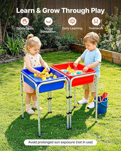 VEVOR Sensory Table for Toddlers, Kids 2-Station Sand and Water Adjustable Play Table with Detachable Storage Bins and Non-Slip Feet, Carbon Steel Frame, Rounded Corners, for Boys and Girls Exploring