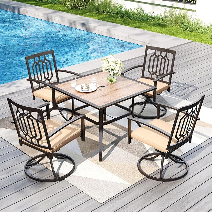 PHI VILLA 5 Pieces Outdoor Dining Set for 4, 37” Square Wrought Iron Table with Ploywood Tabletop & Swivel Metal Steel Chairs with Cushions, Outside Furniture Set for Patio, Porch, Deck, Backyard