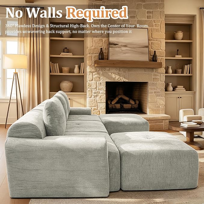 122" Oversized Boneless Couch, Comfort Cloud Sectional Couches for Living Room, Modular Sofa High Back & Extra Deep Seat, No Assembly, Soft Chenille Fabric (Light Grey, 122 inch-（3+3）)