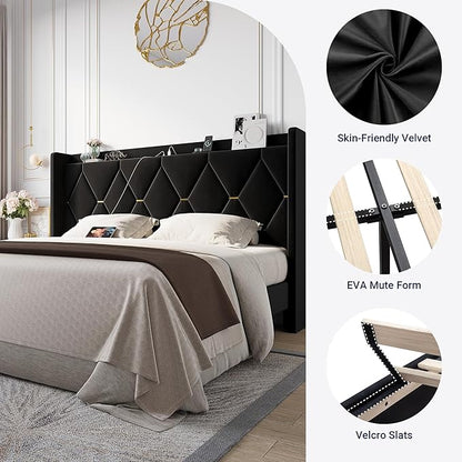 Allewie Velvet King Size Upholstered Bed Frame with Wingback Storage Headboard & Charging Station, Platform Bed with Diamond Tufted Design & Gold Trim, No Box Spring Needed, Easy Assembly, Black