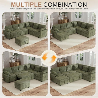 Hanherry Sectional Couch with Pull Out Sofa Bed,Corduroy Sleeper Sofa with Storage Ottoman & USB Charging,Comfy L Shaped Modular Couches for Living Room,Apartment