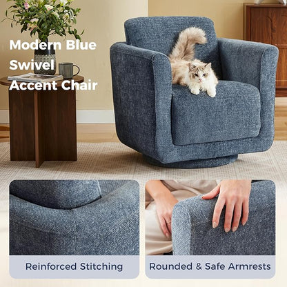 Swivel Accent Chair, 360° Barrel Armchair with Solid Wood Frame & Ergonomic Back Cushion, Fully Assembled Chenille Swivel Chair for Living Room, Bedroom, Office, Blueberry Blue