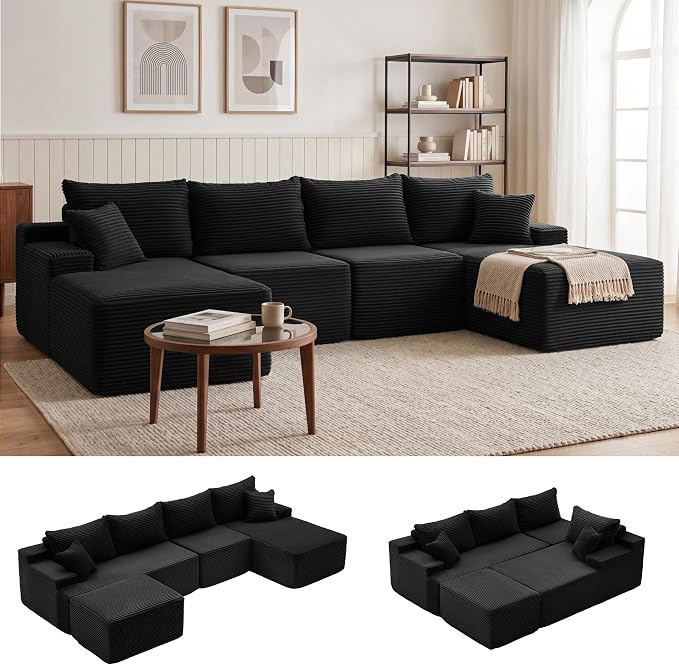 Mangodan 118'' Cloud Sectional Couch, U Shaped Boneless Couches for Living Room, Modular Sectional Sofa with Deep Seat Right Facing Chaise, Comfy Cloud Couch Sofa, Black