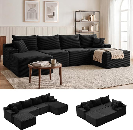 Mangodan 118'' Cloud Sectional Couch, U Shaped Boneless Couches for Living Room, Modular Sectional Sofa with Deep Seat Right Facing Chaise, Comfy Cloud Couch Sofa, Black