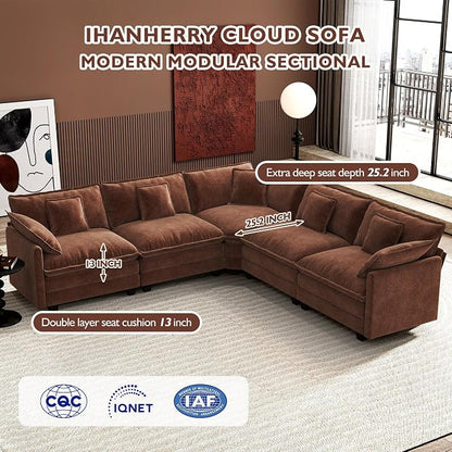 Ihanherry 114" V-Shaped Modern Sofa Modular Sectional Luxurious and Comfortable with Corner Section, 5-Seat Chenille Deep Seat Sofa with 5 Pillows for Living Room, Bedroom and Apartment, Brick Red