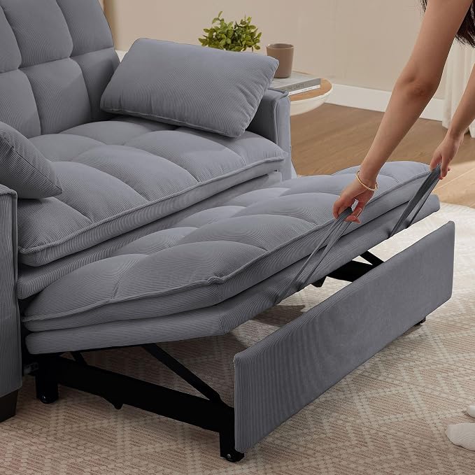 Sleeper Sofa with Pull Out Couch Bed, 48.43" Convertible Pull-Out Sofa Bed Chair, 3-in-1 Futon Couch with Reclining Backrest and Side Pockets for Living Room Bedroom Apartment, Light Grey