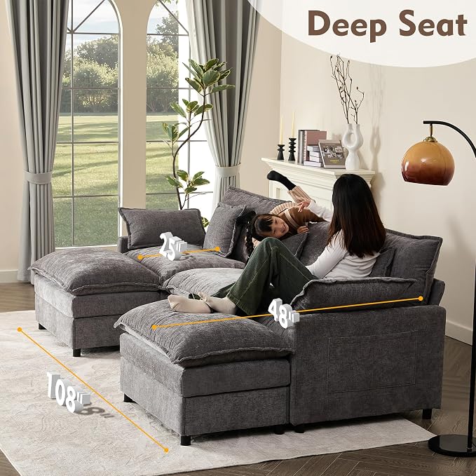 GOSUHI 108" U-Shaped Modular Cloud Couch, Deep Seat, Chenille Slate | Cloud Comfort, Couches for Living Room, Removable & Machine-Washable Covers, Movable Ottoman, Modular Sectional Sofa