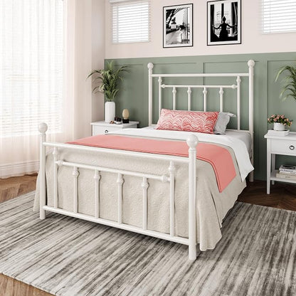 Allewie 14 Inch Twin Size Metal Platform Bed Frame with Victorian Vintage Headboard and Footboard/Mattress Foundation/Under Bed Storage/No Box Spring Needed/Easy Assembly/Noise Free/White