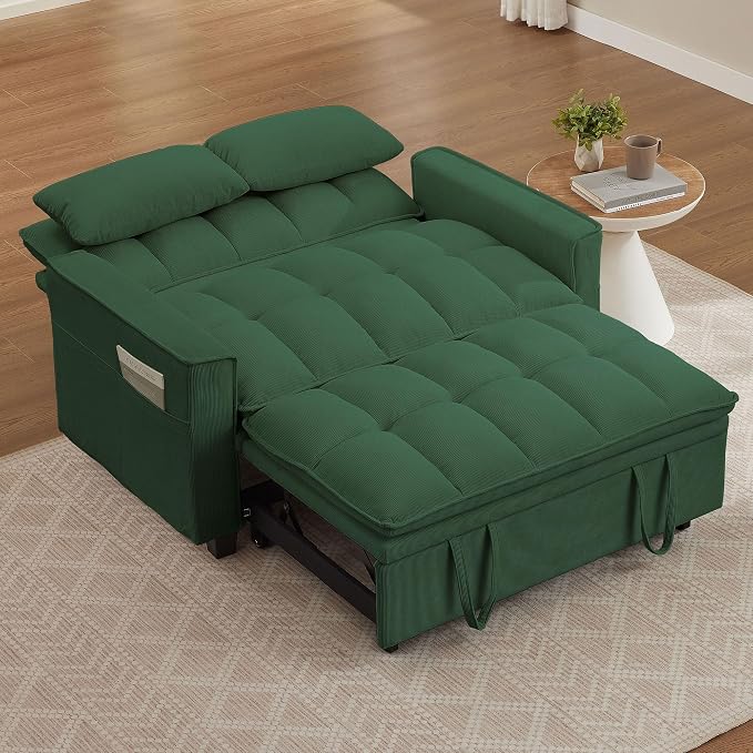 3 in 1 Convertible Sleeper Sofa Bed, 48" Pull Out Couches, Modern Loveseat Sleeper Sofa with Adjustable Reclining Backrest & Side Pockets for Living Room, Green