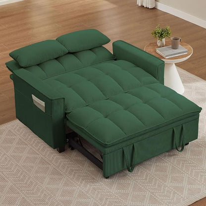 3 in 1 Convertible Sleeper Sofa Bed, 48" Pull Out Couches, Modern Loveseat Sleeper Sofa with Adjustable Reclining Backrest & Side Pockets for Living Room, Green