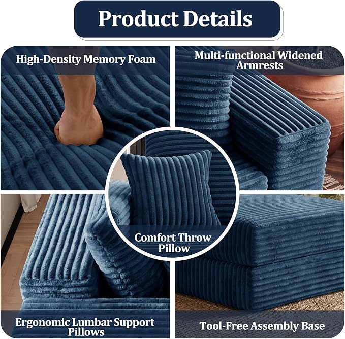 75'' L-Shaped Cloud Modular Sectional Couch with Chaise, Modern Corduroy Memory Foam Sofa Bed, Upholstered Boneless Deep Seat Fluffy Sleeper Sofa, for Living Room, No Assembly Needed (Blue)