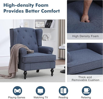 Accent Chair for Living Room, Mid Century Modern Upholstered Armchair, Wingback Chair with Tufted High Back and Solid Legs, Comfy Single Sofa Side Chairs for Bedroom, Blue