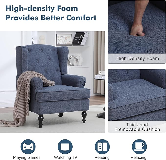 Accent Chair Set of 2, Mid Century Modern Fabric Wingback Chair, Upholstered Armchair with High Back and Vintage Legs, Comfy Single Sofa Side Reading Chair for Living Room Bedroom, Blue