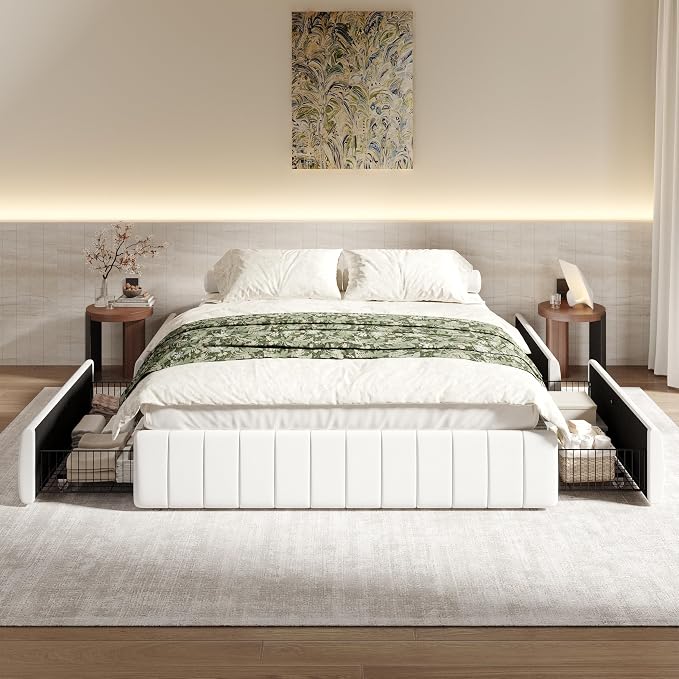 SHA CERLIN Full Size Velvet Upholstered Platform Bed Frame with 4 Storage Drawers, Vertical Channel Tufted, Low Profile, Fits Standard Headboards, Wooden Slats Support, Easy Assembly, White