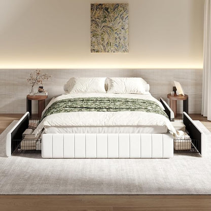 SHA CERLIN Full Size Velvet Upholstered Platform Bed Frame with 4 Storage Drawers, Vertical Channel Tufted, Low Profile, Fits Standard Headboards, Wooden Slats Support, Easy Assembly, White