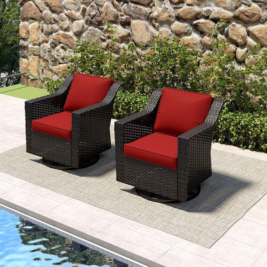 Patio 2 Pieces Wicker Swivel Chairs Set of 2，Outdoor PE Rattan Rocking Glider Armchairs, Water-Resistant Cushions with Removable and Washable Covers, Porch, Balcony, Sunroom (RED)