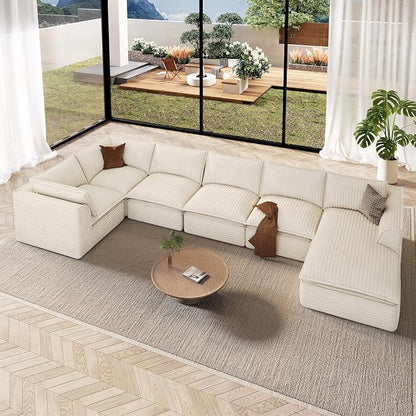 Vesgantti 141.7" Oversized Sectional Boneless Couch, Modern 7 Seater Modular Sofa with Chaise, Deep Seat Convertible Plush Corduroy Cloud Couches for Living Room, No Assembly Required, Beige