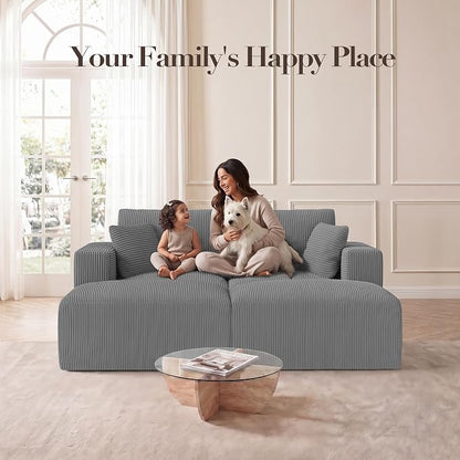 Modular Sectional Sofa Bed with Ottoman, 79" Memory Foam Cloud Couch, Boneless Loveseat Corduroy Upholstered Floor Couch, No Assembly Required Living Room Furniture for Apartment Bedroom, Grey