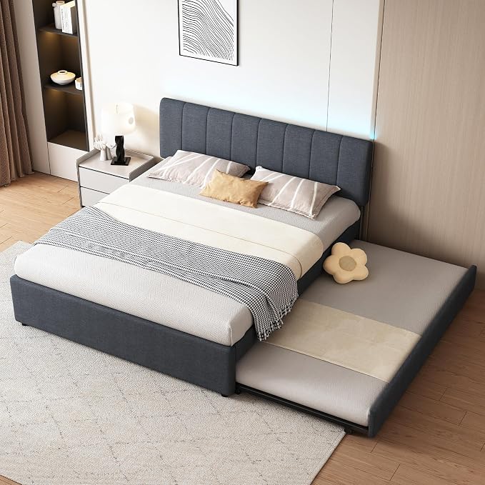 Queen Size Upholstered Platform Bed with Pull-Out Trundle Bed | Twin Size Trundle, LED Lighting Controlled by APP, USB+Type-C Charging Ports, Linen Upholstered Bed Frame,Dark Grey