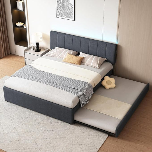 Queen Size Upholstered Platform Bed with Pull-Out Trundle Bed | Twin Size Trundle, LED Lighting Controlled by APP, USB+Type-C Charging Ports, Linen Upholstered Bed Frame,Dark Grey