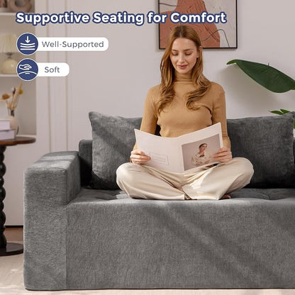 MAXYOYO Modular Sofa Couch, 61" Loveseat Boneless Cloud Couch with Deep Seat, Chenille Upholstered Living Room Comfy Sofa Chair for Living Room, No Assembly Required, Light Grey