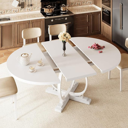 iPormis 59'' Extendable Round Dining Table for 4 to 6, Kitchen Table with Sturdy X-Base Metal Legs, MDF Board with Backboard Clasp, Space Saving, Easy Assembly, Kitchen, Dining Room, White