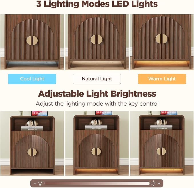 Nightstand with Charging Station and LED Lights, Night Stands with Adjustable Storage Cabinet, Modern Side Table with Fluted Doors and Open Storage, Bedside Table for Bedroom, Walnut