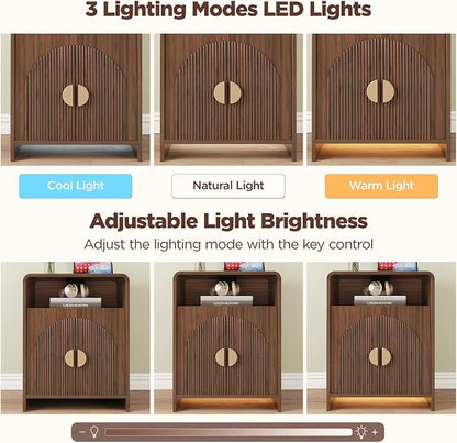 Nightstand with Charging Station and LED Lights, Night Stands with Adjustable Storage Cabinet, Modern Side Table with Fluted Doors and Open Storage, Bedside Table for Bedroom, Walnut