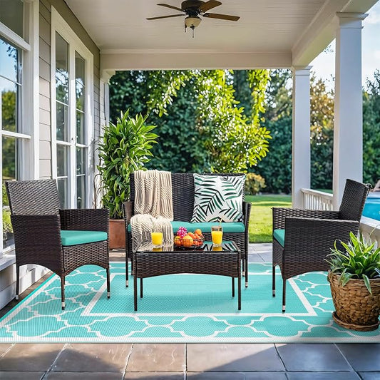 GENIMO 9 ' x 12 ' Outdoor Rug for Patio Clearance, Waterproof Indoor Outdoor Plastic Straw Rugs Carpet, Reversible Outside Area Mat for Camping, Balcony Porch, Deck, Picnic, Beach Aqua Blue & White