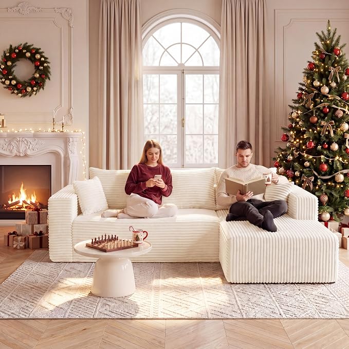 92.5" Cloud Sectional Boneless Couches for Living Room, Modular L Shaped Couch with Deep Seat Oversized Right Facing Chaise, Memory Foam Compressed Spineless 3 Seater Sofa for Apartment