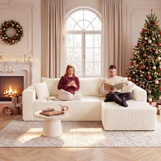 92.5" Cloud Sectional Boneless Couches for Living Room, Modular L Shaped Couch with Deep Seat Oversized Right Facing Chaise, Memory Foam Compressed Spineless 3 Seater Sofa for Apartment
