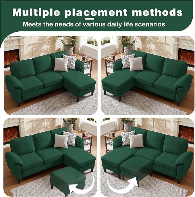 80" Convertible Sectional Sofa, Modern Linen Small L Shaped Couch with Reversible Chaise and Storage Ottoman, 3-Seat Sofa Couches for Living Room, Office, Apartment, Green