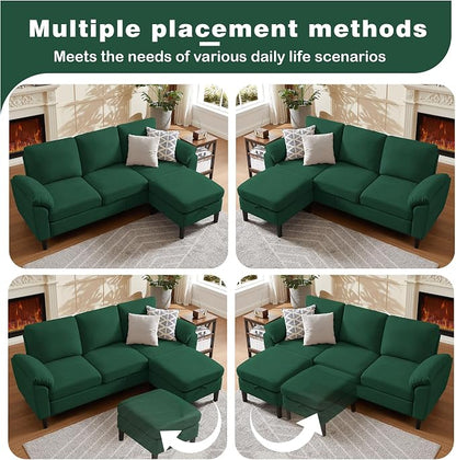 80" Convertible Sectional Sofa, Modern Linen Small L Shaped Couch with Reversible Chaise and Storage Ottoman, 3-Seat Sofa Couches for Living Room, Office, Apartment, Green
