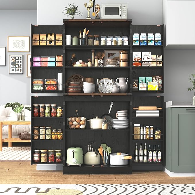 71" Tall Kitchen Pantry Cabinet, Farmhouse Tall Kitchen Storage Cabinet with Adjustable Shelves & 4 Barn Style Doors, Wooden Storage Cabinet for Kitchen, Dining Room, Living Room, Bathroom, Office