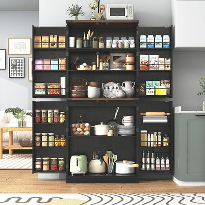 71" Tall Kitchen Pantry Cabinet, Farmhouse Tall Kitchen Storage Cabinet with Adjustable Shelves & 4 Barn Style Doors, Wooden Storage Cabinet for Kitchen, Dining Room, Living Room, Bathroom, Office