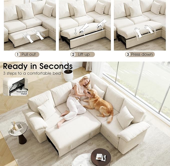 86" Modular Sectional Sleeper Sofa with Pull Out Bed, L Shaped 5 Seat Couch with 151L Storage, Convertible Cloud Couch Bed, Sectional Couches for Living Room, Apartment (Beige)