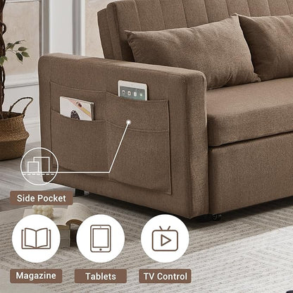 55.5" Fabric Convertible Sofa Bed, Pull Out Sleeper Sofa Bed, Loveseat Couch with Side Pocket, 3 in 1 Convertible Sleeper Sofa Bed for Living Room, Apartment, Bedroom, RV, Brown