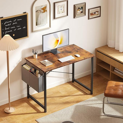 OLIXIS Small Computer Desk, 40 Inch Home Office Desks, Writing Study Craft Work Gaming Table, Computer Workstation for Bedroom Small Spaces with Storage Bag, Rustic Brown