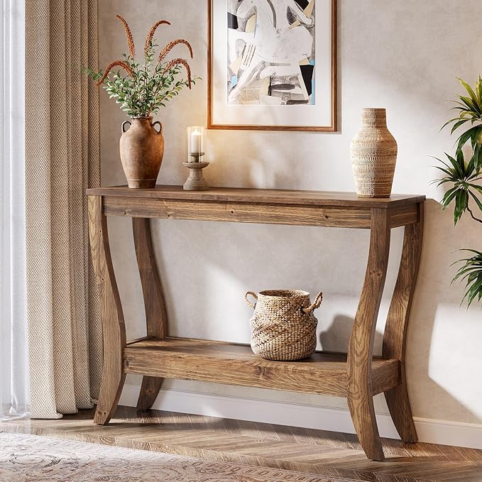 Solid Wood Console Table for Entryway, 41.3-Inch Farmhouse Sofa Table with Storage, 2-Tier Wooden Entrance Table for Living Room, Hallway, Foyer, (Brown)