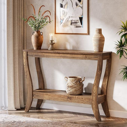 Solid Wood Console Table for Entryway, 41.3-Inch Farmhouse Sofa Table with Storage, 2-Tier Wooden Entrance Table for Living Room, Hallway, Foyer, (Brown)