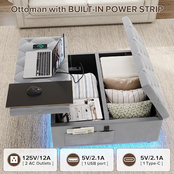 Dnxao Large Square Storage Ottoman with Lift Top,Tufted Velvet Ottoman Coffee Table with Charging Station and LED Lights,Multi-Functional Footrest with Storage Pockets & Tray for Living Room,Gray