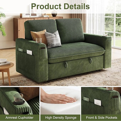 Sleeper Sofa with Pull Out Bed, Plush Corduroy Convertible Sofa Bed with Adjustable Backrest and Cup Holders, Loveseat Sleeper Couches for Living Room, Apartment, Green