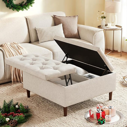 Weture 35 Inch Extra Large Storage Ottoman Coffee Table, No Assembly Required, Oversized Square Ottoman with Storage, Tufted Upholstered Ottomans Coffee Table for Living Room (Fabric, Beige)