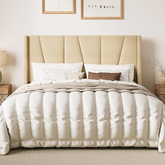 SHA CERLIN Queen Size Bed Frame with Geometric Wingback Headboard, Upholstered Platform Bed with Wooden Slats Support, 8" Under-Bed Space, No Box Spring Needed, Easy Assembly, Beige