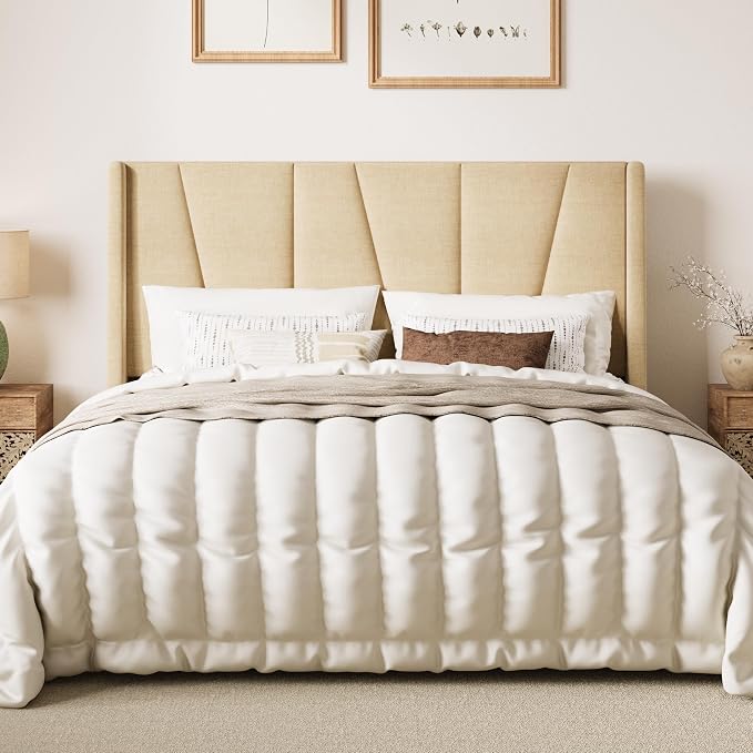 SHA CERLIN Full Size Bed Frame with Geometric Wingback Headboard, Upholstered Platform Bed with Wooden Slats Support, 8" Under-Bed Space, No Box Spring Needed, Easy Assembly, Beige