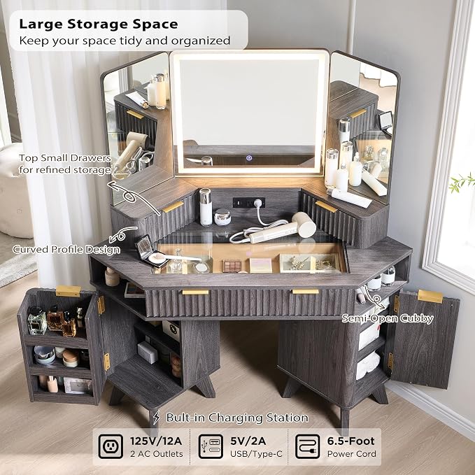 T4TREAM Fluted Makeup Vanity Desk with 3 Way Mirror and Lights, 48" Large Corner Vanity Table with Glass Top, Charging Station, 3 Drawers, Storage Cabinets & Shelves, for Bedroom, Dark Alder