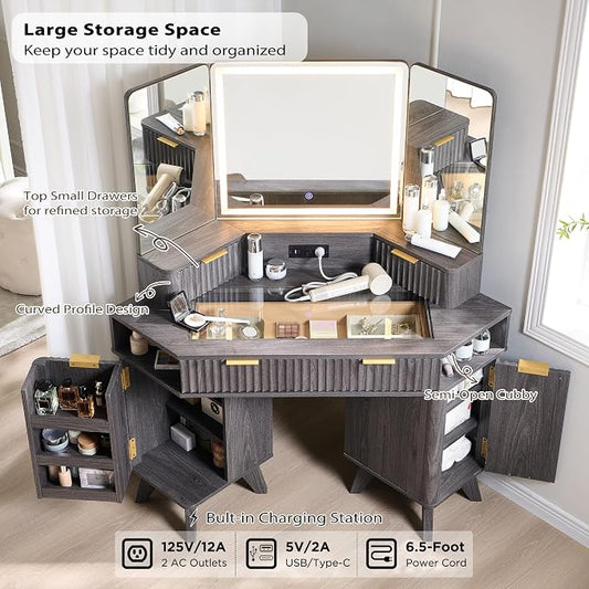 T4TREAM Fluted Makeup Vanity Desk with 3 Way Mirror and Lights, 48" Large Corner Vanity Table with Glass Top, Charging Station, 3 Drawers, Storage Cabinets & Shelves, for Bedroom, Dark Alder